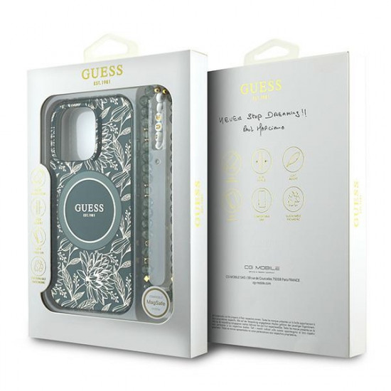 Guess GUHMP16LHCPOFPA iPhone 16 Pro 6.3" green hardcase IML Flowers Allover Electro With Pearl Strap MagSafe