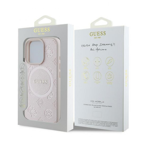 Guess GUHMP16LPSAPSMEP iPhone 16 Pro 6.3" pink hardcase Saffiano Peony Classic Logo MagSafe