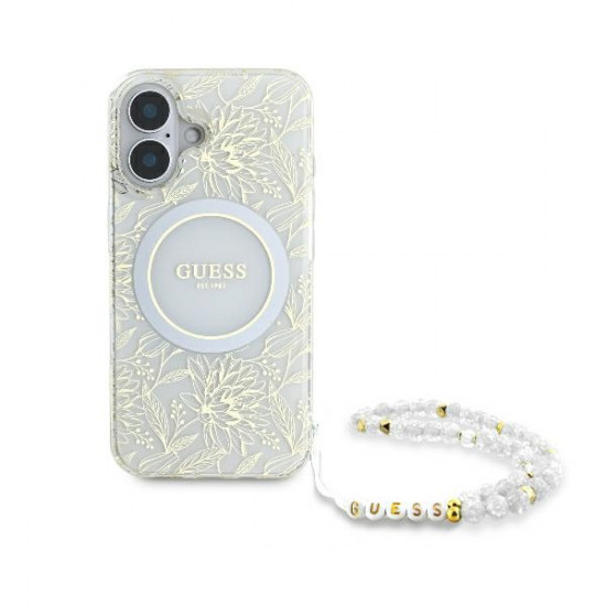 Guess GUHMP16MHCPOFPH iPhone 16 Plus 6.7" white hardcase IML Flowers Allover Electro With Pearl Strap MagSafe