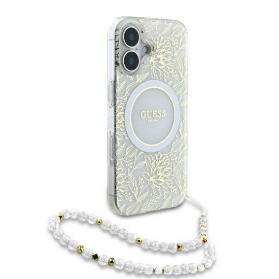 Guess GUHMP16MHCPOFPH iPhone 16 Plus 6.7" white hardcase IML Flowers Allover Electro With Pearl Strap MagSafe