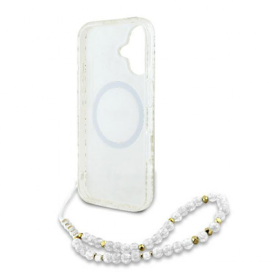 Guess GUHMP16MHCPOFPH iPhone 16 Plus 6.7" white hardcase IML Flowers Allover Electro With Pearl Strap MagSafe