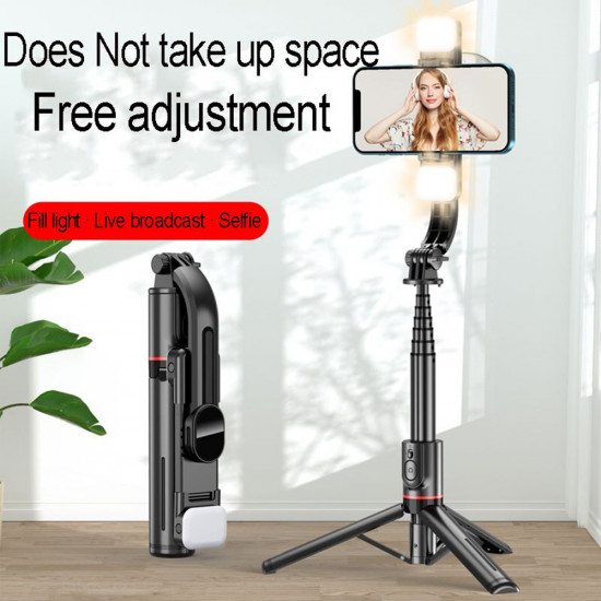 Techsuit  Selfie Stick (L12D)  Stable Tripod with Bluetooth Remote Control, 2x Detachable LED Light, 108cm  Black
