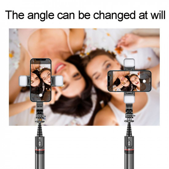 Techsuit  Selfie Stick (L12D)  Stable Tripod with Bluetooth Remote Control, 2x Detachable LED Light, 108cm  Black