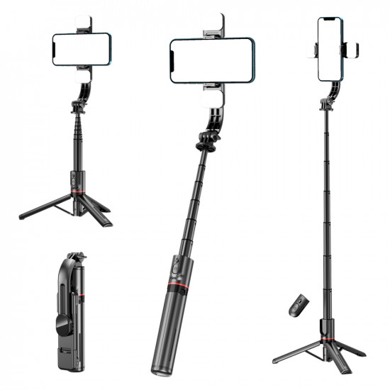 Techsuit  Selfie Stick (L12D)  Stable Tripod with Bluetooth Remote Control, 2x Detachable LED Light, 108cm  Black