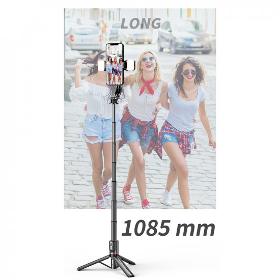 Techsuit  Selfie Stick (L12D)  Stable Tripod with Bluetooth Remote Control, 2x Detachable LED Light, 108cm  Black