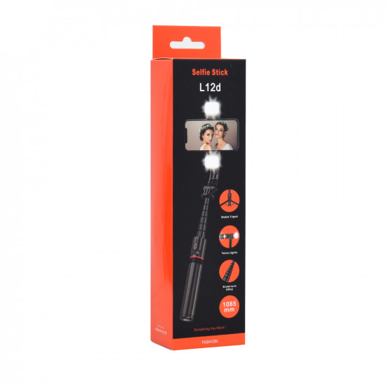Techsuit  Selfie Stick (L12D)  Stable Tripod with Bluetooth Remote Control, 2x Detachable LED Light, 108cm  Black