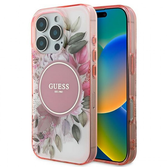 Guess GUHMP16LHFWBDCEP iPhone 16 Pro 6.3" różowy/pink hardcase IML Flower & Tonal Circle MagSafe