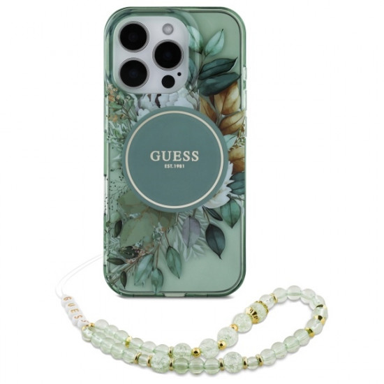 Guess GUHMP16LHFWBRCESN iPhone 16 Pro 6.3" zielony/green hardcase IML Flowers With Pearl Strap MagSafe