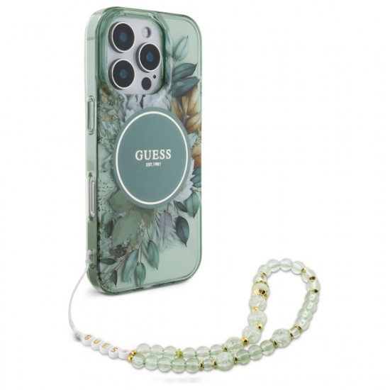 Guess GUHMP16LHFWBRCESN iPhone 16 Pro 6.3" zielony/green hardcase IML Flowers With Pearl Strap MagSafe