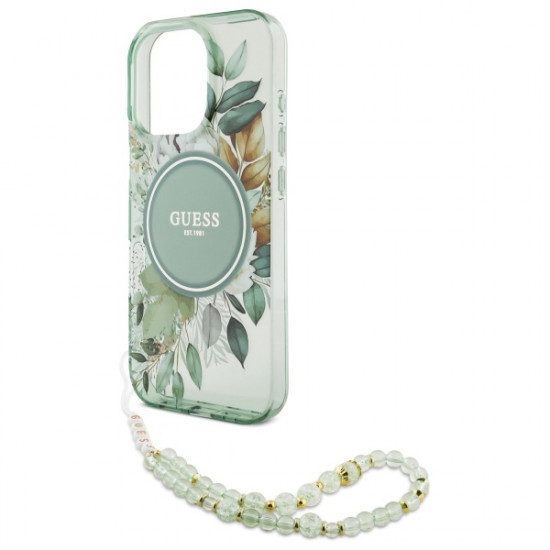 Guess GUHMP16LHFWBRCESN iPhone 16 Pro 6.3" zielony/green hardcase IML Flowers With Pearl Strap MagSafe