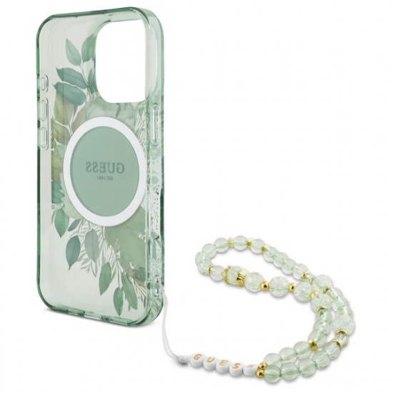 Guess GUHMP16LHFWBRCESN iPhone 16 Pro 6.3" zielony/green hardcase IML Flowers With Pearl Strap MagSafe