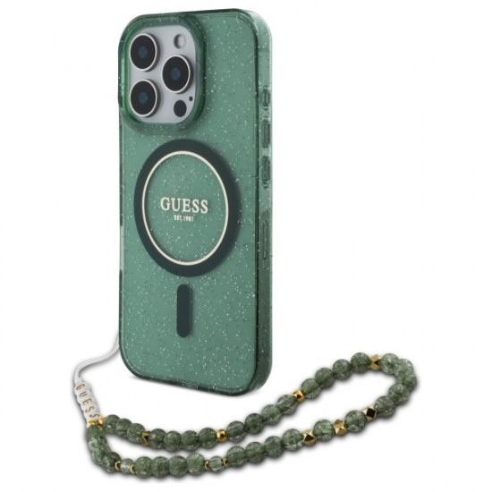 Guess GUHMP16LHGCRELSA iPhone 16 Pro 6.3" zielony/green hardcase IML Glitter With Pearl Strap MagSafe