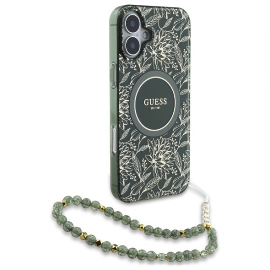 Guess GUHMP16MHCPOFPA iPhone 16 Plus 6.7" zielony/green hardcase IML Flowers Allover Electro With Pearl Strap MagSafe