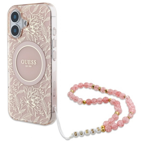 Guess GUHMP16MHCPOFPP iPhone 16 Plus 6.7" różowy/pink hardcase IML Flowers Allover Electro With Pearl Strap MagSafe