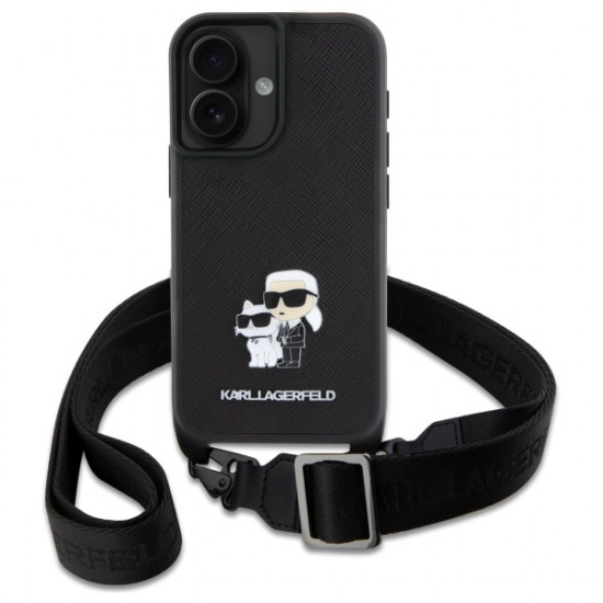 Karl Lagerfeld KLHCP16SSAKCPBK iPhone 16  6.1" czarny/black hardcase Saffiano Karl&Choupette Metal Pin CBDY Strap