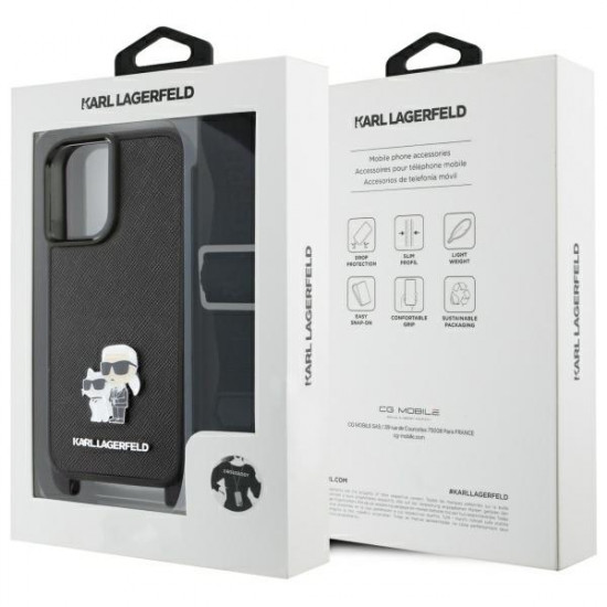 Karl Lagerfeld KLHCP16SSAKCPBK iPhone 16  6.1" czarny/black hardcase Saffiano Karl&Choupette Metal Pin CBDY Strap