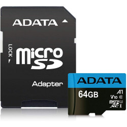 Adata  Memory Card (AUSDX64GUICL10A1 RA1)  MicroSDXC, Adapter, Class 10, UHS I V10, 64GB, Read 100MB/s, Write 25MB/s – Black Adata  Memory Card (AUSDX64GUICL10A1 RA1)  MicroSDXC, Adapter, Class 10, UHS I V10, 64GB, Read 100MB/s, Write 25MB/s – Black