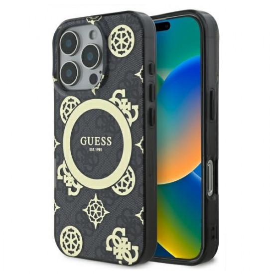 Guess GUHMP16LH4PYEEK iPhone 16 Pro 6.3"  black hardcase IML Peony On 4G Background MagSafe