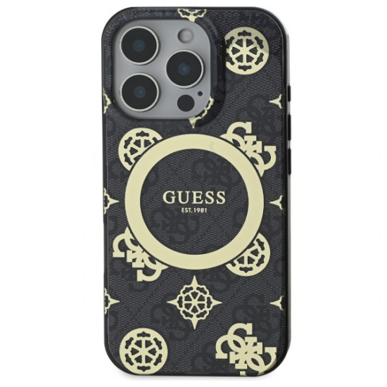 Guess GUHMP16LH4PYEEK iPhone 16 Pro 6.3"  black hardcase IML Peony On 4G Background MagSafe