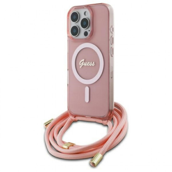 Guess GUHMP16LHCTSGNSP iPhone 16 Pro  6.3" pink hardcase Crossbody Cord Script MagSafe