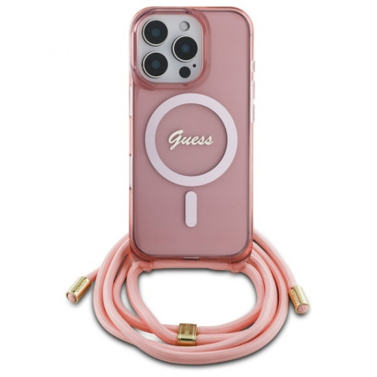 Guess GUHMP16LHCTSGNSP iPhone 16 Pro  6.3" pink hardcase Crossbody Cord Script MagSafe