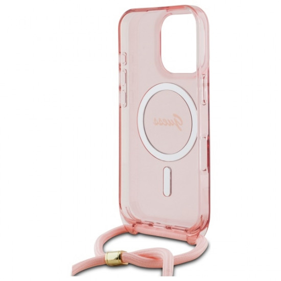 Guess GUHMP16LHCTSGNSP iPhone 16 Pro  6.3" pink hardcase Crossbody Cord Script MagSafe