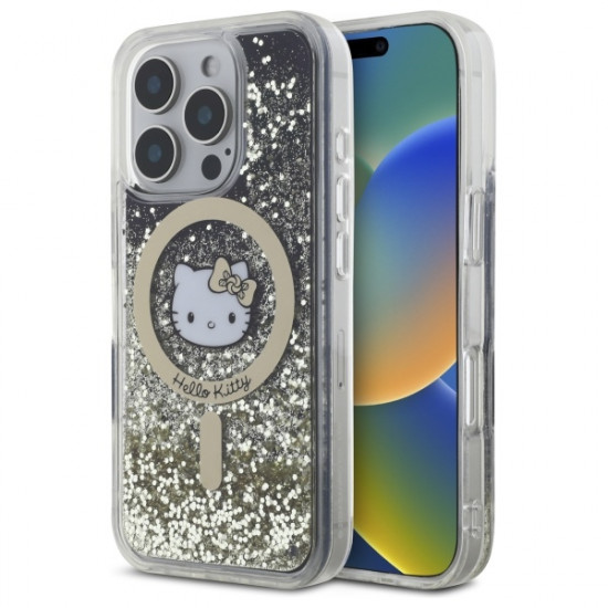 Hello Kitty HKHMP16LLGDIK iPhone 16 Pro 6.3" black gold hardcase Liquid Glitter Fever MagSafe
