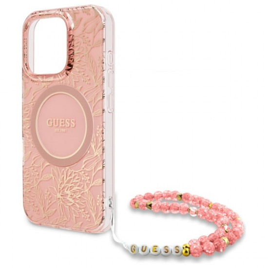 Guess GUHMP16LHCPOFPP iPhone 16 Pro 6.3"  różowy/pink hardcase IML Flowers Allover Electro With Pearl Strap MagSafe