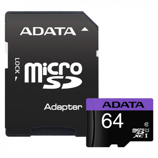 Adata Memory Card (AUSDX64GUICL10 RA1) MicroSDXC with Adapter, Class 10, UHS I U1, 64GB, Read 100MB/s Black