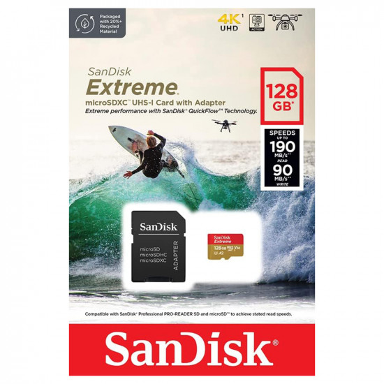 SanDisk Memory Card Extreme (SDSQXAA 128G GN6AA) Micro SDXC with Adapter, 128GB, Class 10, Read 190MB/s, U3, V30 Red