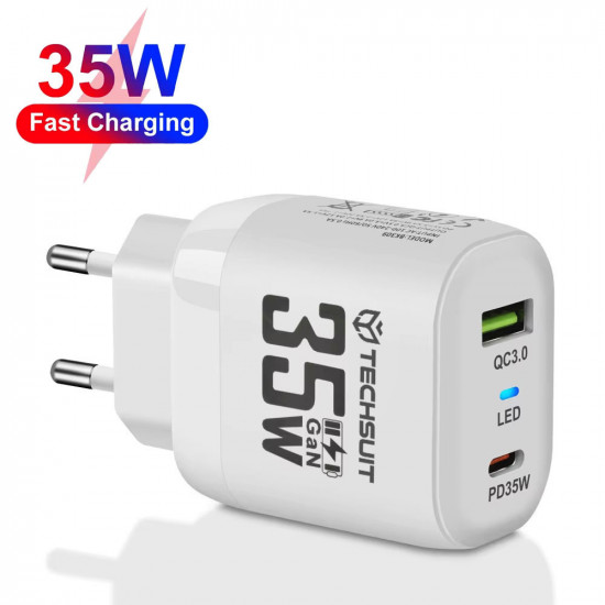 Techsuit Premium Wall Charger (CHPD174) GaN, USB QC3.0, Type C PD35W White