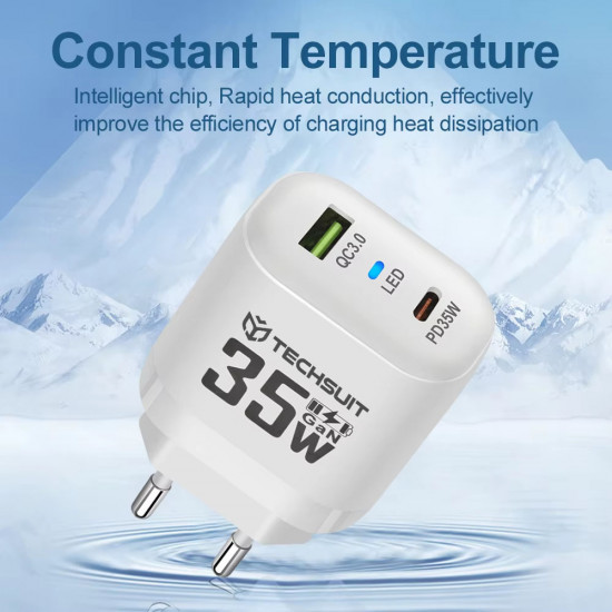 Techsuit Premium Wall Charger (CHPD174) GaN, USB QC3.0, Type C PD35W White