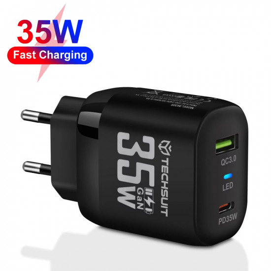 Techsuit Premium Wall Charger (CHPD174) GaN, USB QC3.0, Type C PD35W Black Techsuit Premium Wall Charger (CHPD174) GaN, USB QC3.0, Type C PD35W Black