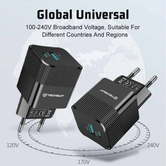 Techsuit Premium Wall Charger Tiny Series (CHPD216) GaN, USB QC3.0, Type C PD25W Black Techsuit Premium Wall Charger Tiny Series (CHPD216) GaN, USB QC3.0, Type C PD25W Black