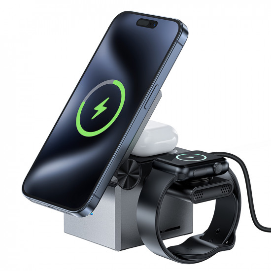 Acefast Charging Station Rubik's Cube 3in1 (E18) for Phone, TWS Headset and Apple Watch, 23W, Foldable Metal Gray