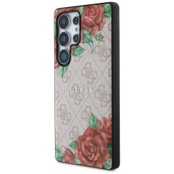 Guess Case Leather 4G Flowers Print Metal Classic Logo MagSafe Samsung Galaxy S25 Ultra pink