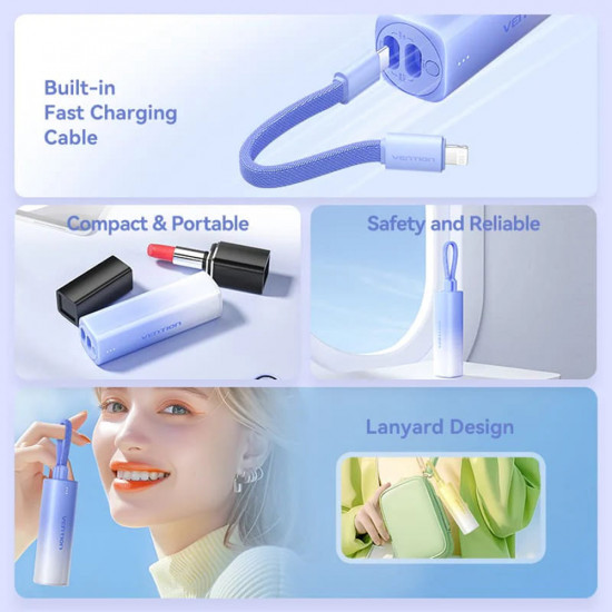 Vention Power Bank (FHWM0) Type C, Lightning, Lanyard Design, 20W, Light Indicator, Fast Charging Cable, 5000mAh Gray Vention Power Bank (FHWM0) Type C, Lightning, Lanyard Design, 20W, Light Indicator, Fast Charging Cable, 5000mAh Gray