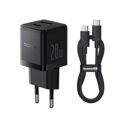 Baseus Wall Charger Palm (P10111608113 01) 2in1 Fast Charger, USB, USB C, Type C Cable, 20W, 5V/3.0A, 1m Cluster Black