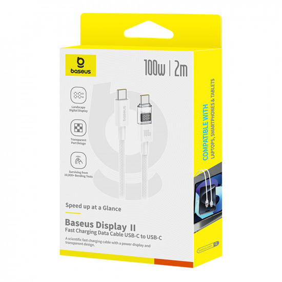 Baseus Data Cable Display 2 (P10382702211 01) Fast Charging, Type C to Type C, Digital Display, 100W, 2m Moon White Baseus Data Cable Display 2 (P10382702211 01) Fast Charging, Type C to Type C, Digital Display, 100W, 2m Moon White
