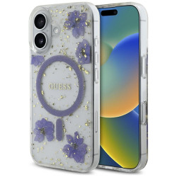 Guess Case Resin Flowers Glitter MagSafe for iPhone 16 purple
