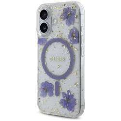 Guess Case Resin Flowers Glitter MagSafe for iPhone 16 purple