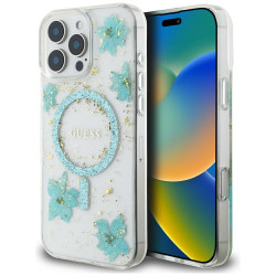 Guess Case Resin Flowers Glitter MagSafe for iPhone 16 Pro Max turquoise