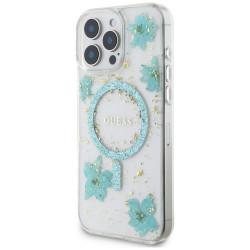 Guess Case Resin Flowers Glitter MagSafe for iPhone 16 Pro Max turquoise