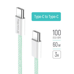 ColorWay Data Cable (CW CBPDCC061 G) for MacBook Pro, Type C to Type C, PD Fast Charging 60W, 3A, Nylon, 1m Green ColorWay Data Cable (CW CBPDCC061 G) for MacBook Pro, Type C to Type C, PD Fast Charging 60W, 3A, Nylon, 1m Green