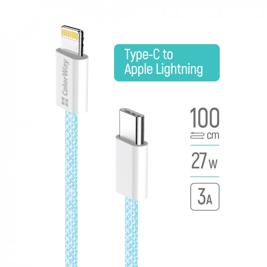 ColorWay Data Cable (CW CBPDCL061 BL) Type C to Apple Lightning, PD 27W, 3A, 480Mbps, Nylon, 1m Blue ColorWay Data Cable (CW CBPDCL061 BL) Type C to Apple Lightning, PD 27W, 3A, 480Mbps, Nylon, 1m Blue