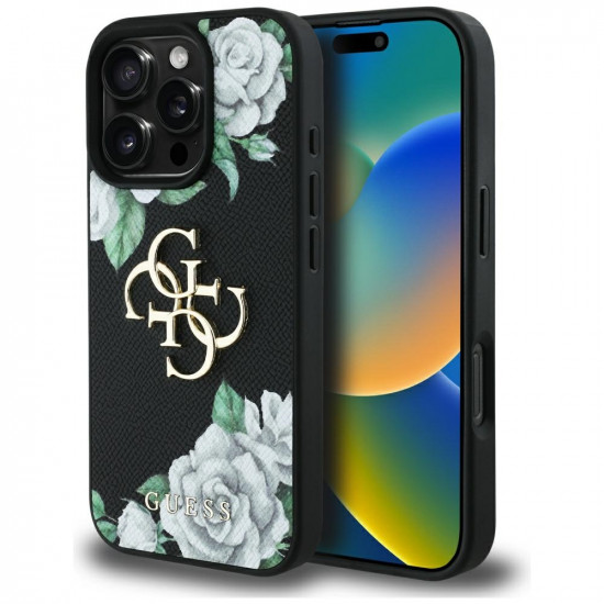 Case Guess Grained Roses Big 4G logo for iPhone 16 Pro Max black