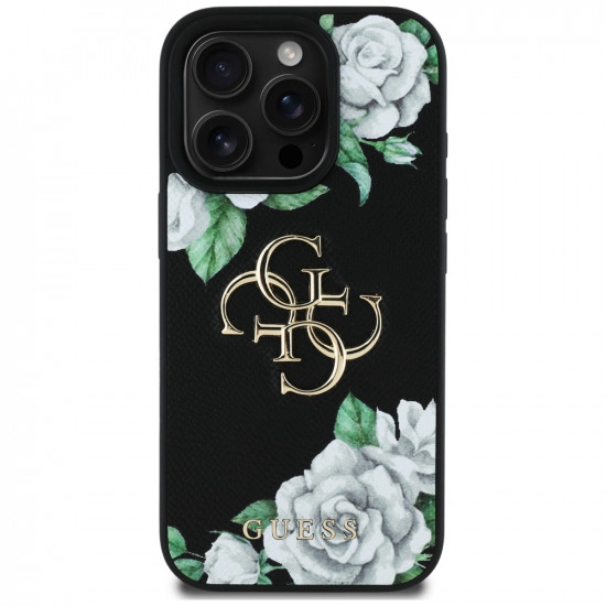Case Guess Grained Roses Big 4G logo for iPhone 16 Pro Max black