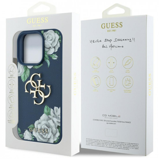 Case Guess Grained Roses Big 4G logo for iPhone 16 Pro Max blue