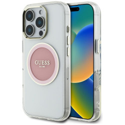 Case Guess IML Metal Colored Circle Classic Logo MagSafe for iPhone 16 Pro pink