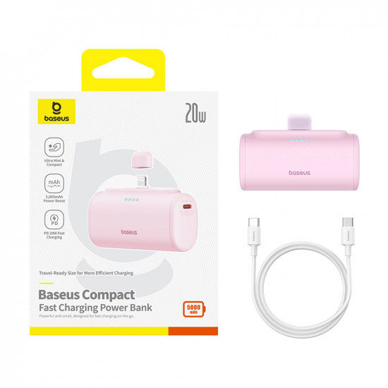Baseus Power Bank (P10068307413 00) Lightning, Compact Design, 20W, 5000mAh, with Cable Type C Baby Pink Baseus Power Bank (P10068307413 00) Lightning, Compact Design, 20W, 5000mAh, with Cable Type C Baby Pink